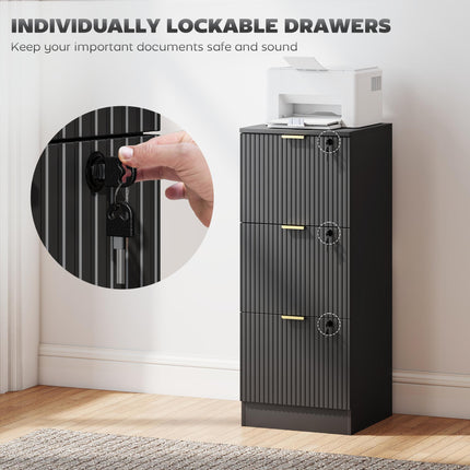 Filing Cabinet, Fluted Vertical File Cabinet with 3 Lockable Drawers and Hanging
