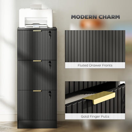Filing Cabinet, Fluted Vertical File Cabinet with 3 Lockable Drawers and Hanging