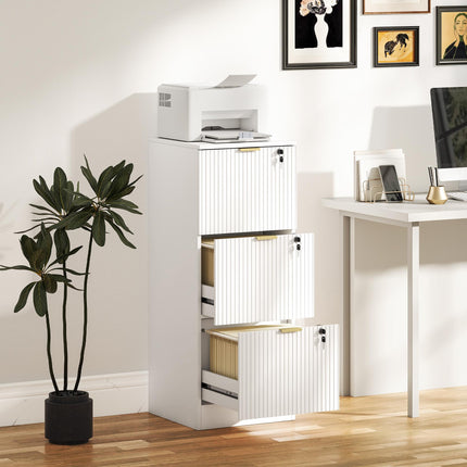 Filing Cabinet, Fluted Vertical File Cabinet with 3 Lockable Drawers and Hanging Rails, White