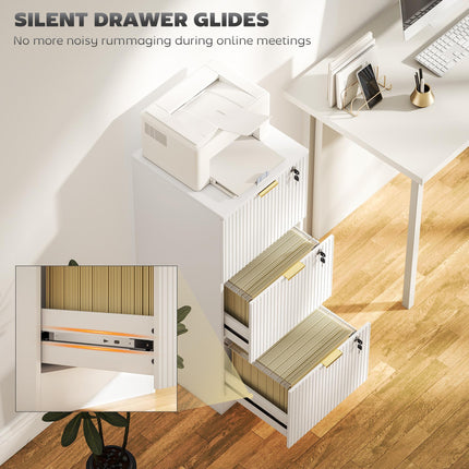 Filing Cabinet, Fluted Vertical File Cabinet with 3 Lockable Drawers and Hanging Rails, White
