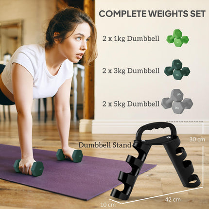 Dumbbells Set with Storage Rack, 2 x 1kg, 2 x 3kg, 2 x 5kg, Green