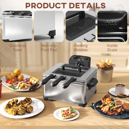 5 Litre Deep Fat Fryer Stainless Steel with Adjustable Temperature, 60min Timer,