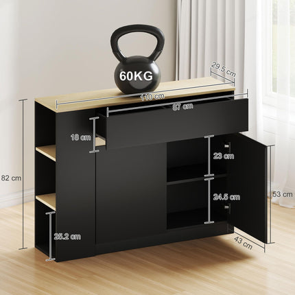 Kitchen Island, Storage Cabinet with Adjustable Shelf, 2 Drawers, 3 Open Shelves, Black