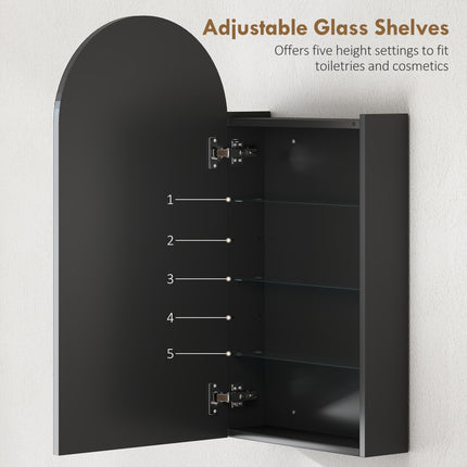 Arched Bathroom Mirror Cabinet with Adjustable Glass Shelves - Black