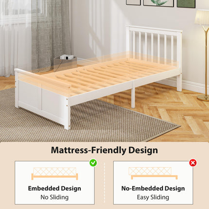 Wooden Single Bed Frame, with Drawers - White