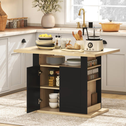 Kitchen Island with Spice Rack, Kitchen Storage with Large Tabletop for 4 People, Adjustable Shelves Black & Natural