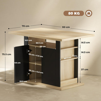 Kitchen Island with Spice Rack, Kitchen Storage with Large Tabletop for 4 People, Adjustable Shelves Black & Natural
