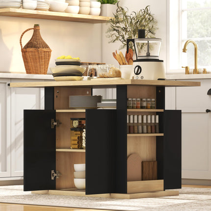 Kitchen Island with Spice Rack, Kitchen Storage with Large Tabletop for 4 People, Adjustable Shelves Black & Natural