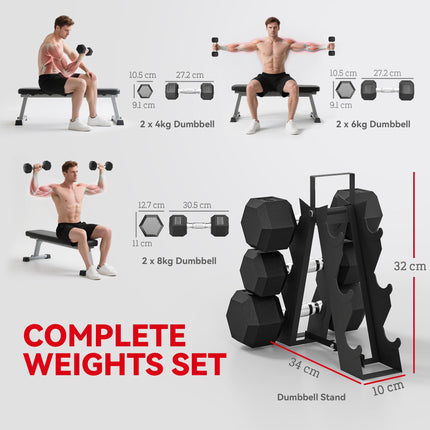 Hex Dumbbell Set with Weights Storage Rack, Rubber Coated Dumbbells, Non-Slip Chrome Handles, Space-Saving for Home Gym Weight Lifting Strength Training, 2 x 4kg, 2 x 6kg, 2 x 8kg