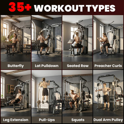 Home Multi Gym Smith Machine with 65kg Weight Stack, Cable Pulley System, Chest Station, Preacher Pad & Leg Developer