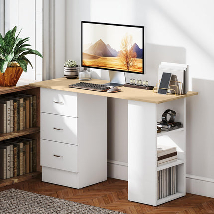Computer Desk with Drawers, Home Office Desk, Writing Table, PC Workstation with 3 Storage Shelves for Working, Study, 120 x 49 x 72 cm, Natural Wood Finish and White