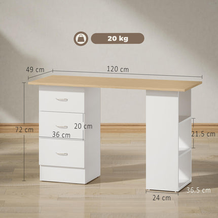 Computer Desk with Drawers, Home Office Desk, Writing Table, PC Workstation with 3 Storage Shelves for Working, Study, 120 x 49 x 72 cm, Natural Wood Finish and White