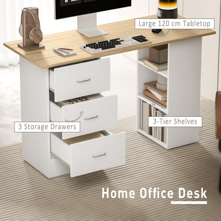 Computer Desk with Drawers, Home Office Desk, Writing Table, PC Workstation with 3 Storage Shelves for Working, Study, 120 x 49 x 72 cm, Natural Wood Finish and White