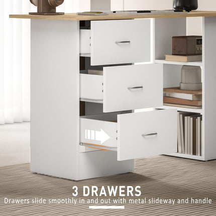 Computer Desk with Drawers, Home Office Desk, Writing Table, PC Workstation with 3 Storage Shelves for Working, Study, 120 x 49 x 72 cm, Natural Wood Finish and White