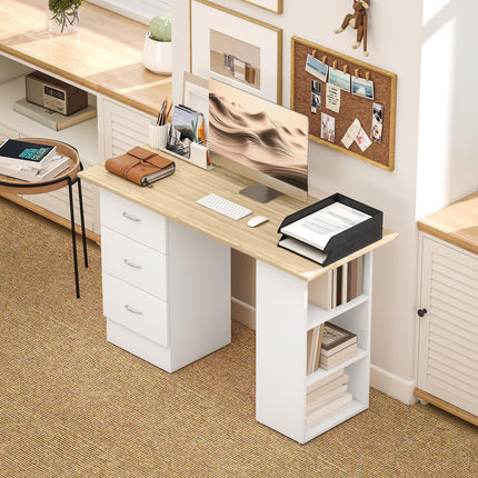 Computer Desk with Drawers, Home Office Desk, Writing Table, PC Workstation with 3 Storage Shelves for Working, Study, 120 x 49 x 72 cm, Natural Wood Finish and White