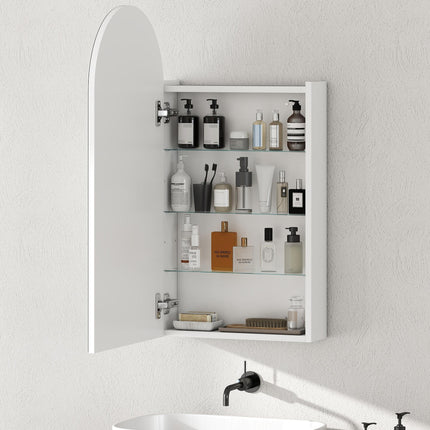 Arched Bathroom Mirror Cabinet with Adjustable Glass Shelves - White
