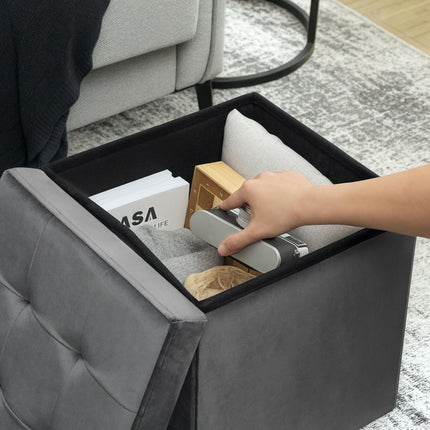 Foldable Velvet-Feel Storage Ottoman - Grey