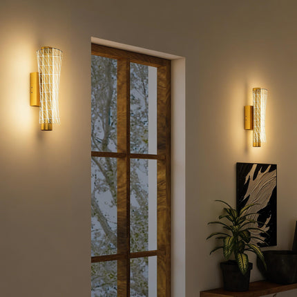 Led Wall Lamp 2 Pack, 9W Modern Indoor Geometric Mesh Wall Light, Colour Temperature Adjustable 3000K/4000K/6500K for Bedroom, Living Room, Hallway, Stairs, Gold Tone