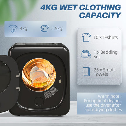 4kg Vented Tumble Dryer with Deodorize, Smart Mode, 800W Compact Tumble Dryer with Stainless Steel Tub, Front Load, for Flat, Home, RVs, Black