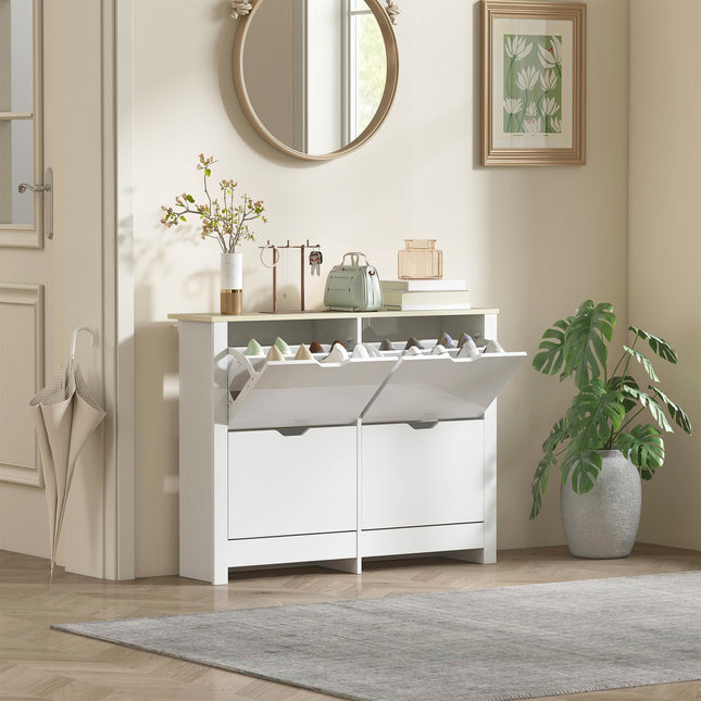 Slim Shoe Cabinet, Narrow Shoe Cupboard with 4 Flip Drawers, Adjustable Shelves for 16 Pairs of Shoes, White