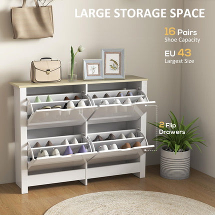 Slim Shoe Cabinet, Narrow Shoe Cupboard with 4 Flip Drawers, Adjustable Shelves for 16 Pairs of Shoes, White