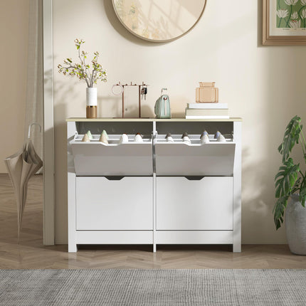 Slim Shoe Cabinet, Narrow Shoe Cupboard with 4 Flip Drawers, Adjustable Shelves for 16 Pairs of Shoes, White