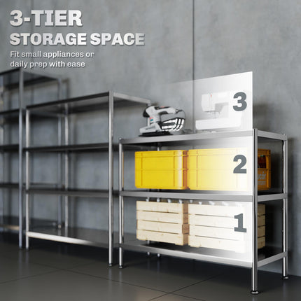 3-Tier Bakers Rack with Storage, Stainless Steel Microwave Stand with Adjustable