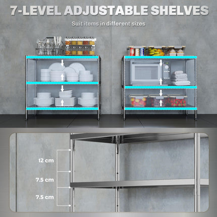 3-Tier Bakers Rack with Storage, Stainless Steel Microwave Stand with Adjustable