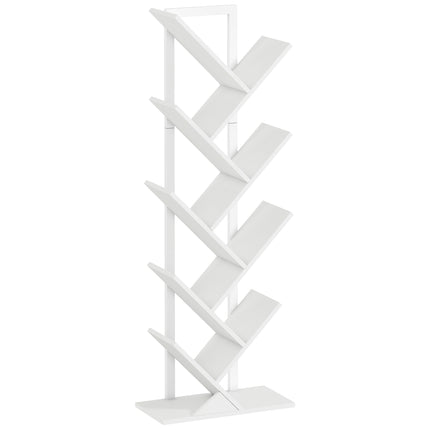 9-Tier Tree Bookshelf, Industrial Free Standing Bookcase with Steel Frame, Display Storage White