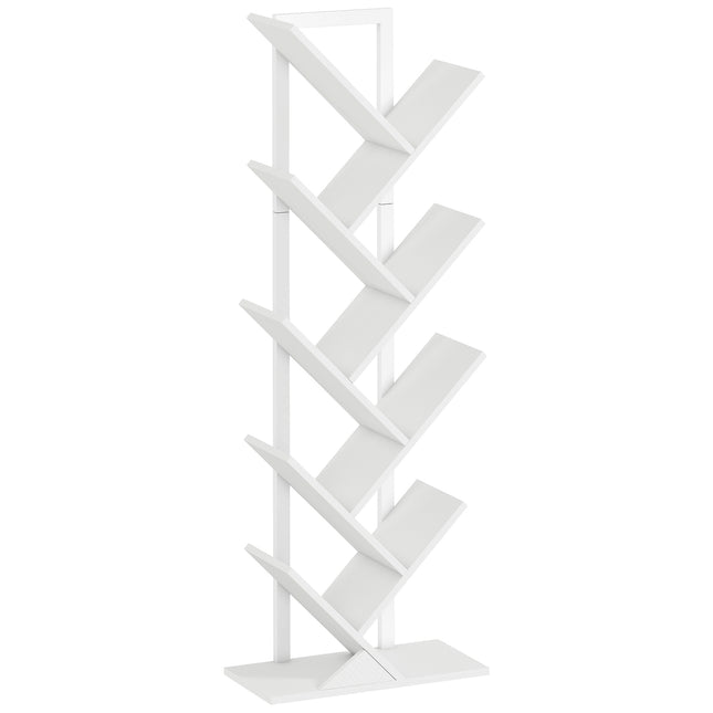 9-Tier Tree Bookshelf, Industrial Free Standing Bookcase with Steel Frame, Display Storage White