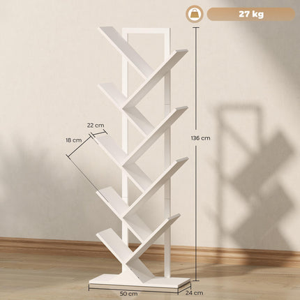 9-Tier Tree Bookshelf, Industrial Free Standing Bookcase with Steel Frame, Display Storage White