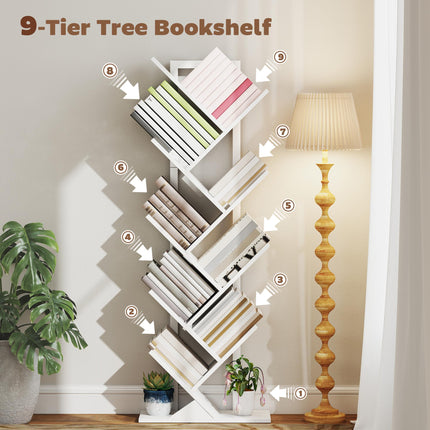 9-Tier Tree Bookshelf, Industrial Free Standing Bookcase with Steel Frame, Display Storage White