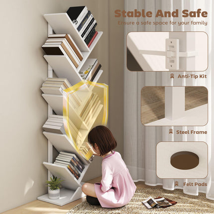 9-Tier Tree Bookshelf, Industrial Free Standing Bookcase with Steel Frame, Display Storage White