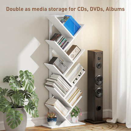 9-Tier Tree Bookshelf, Industrial Free Standing Bookcase with Steel Frame, Display Storage White