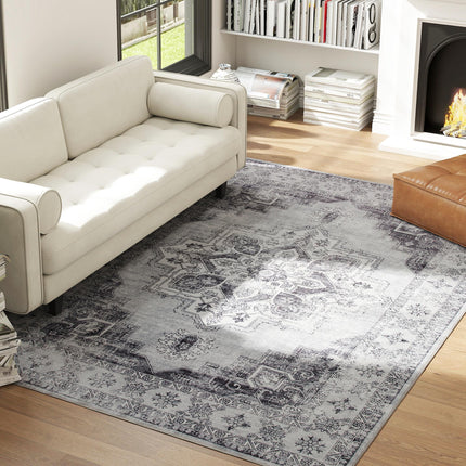 Vintage Area Rug, Non-Slip Washable Rug, Flannel Floor Carpet for Living Room, Bedroom, Dining Room, Home Office, 290 x 200 cm, Grey