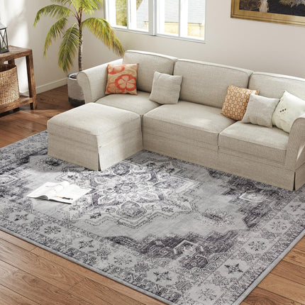 Vintage Area Rug, Non-Slip Washable Rug, Flannel Floor Carpet for Living Room, Bedroom, Dining Room, Home Office, 290 x 200 cm, Grey