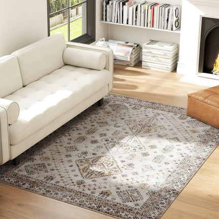 Vintage Area Rug, Non-Slip Washable Rug, Flannel Floor Carpet for Living Room, Bedroom, Dining Room, Home Office, 230 x 160 cm, Beige