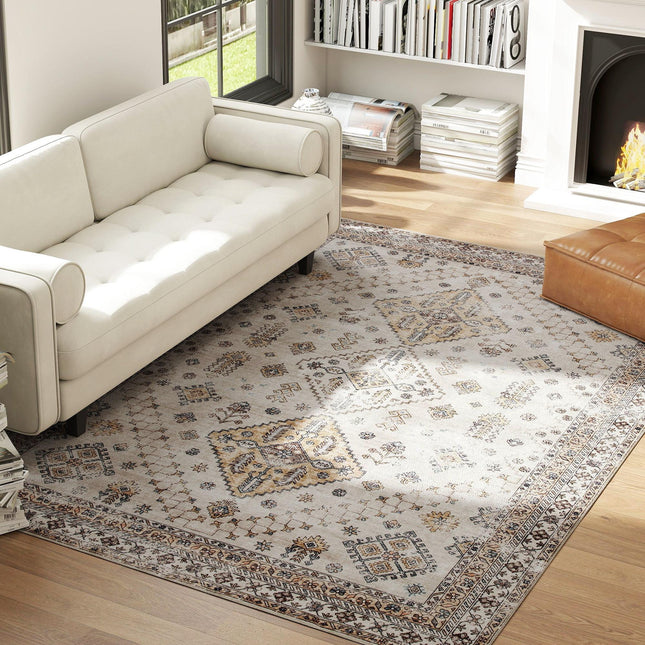Vintage Area Rug, Non-Slip Washable Rug, Flannel Floor Carpet for Living Room, Bedroom, Dining Room, Home Office, 290 x 200 cm, Beige