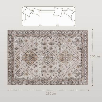 Vintage Area Rug, Non-Slip Washable Rug, Flannel Floor Carpet for Living Room, Bedroom, Dining Room, Home Office, 290 x 200 cm, Beige