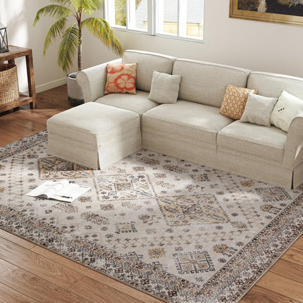 Vintage Area Rug, Non-Slip Washable Rug, Flannel Floor Carpet for Living Room, Bedroom, Dining Room, Home Office, 290 x 200 cm, Beige