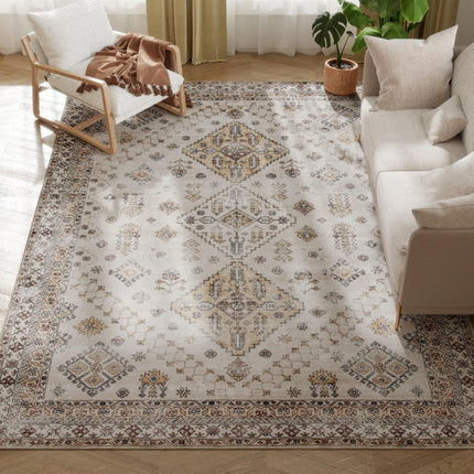 Vintage Area Rug, Non-Slip Washable Rug, Flannel Floor Carpet for Living Room, Bedroom, Dining Room, Home Office, 290 x 200 cm, Beige