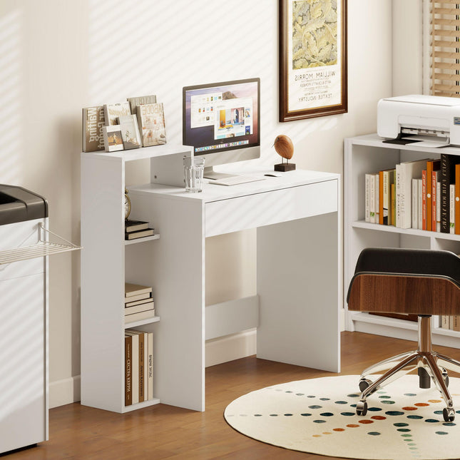 Desk with Storage, Computer Desk with 3 Open Shelves and Drawer, Workstation, Computer Table, White