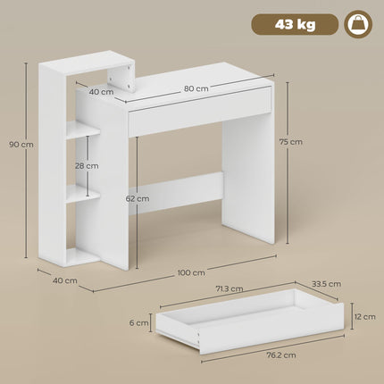 Desk with Storage, Computer Desk with 3 Open Shelves and Drawer, Workstation, Computer Table, White