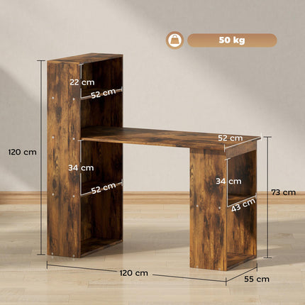120cm Computer Desk, Wooden PC Laptop Table with 6-Tier Storage Bookshelves, Home Office Working Study Desk, Writing Workstation, Rustic Brown Wood-Effect