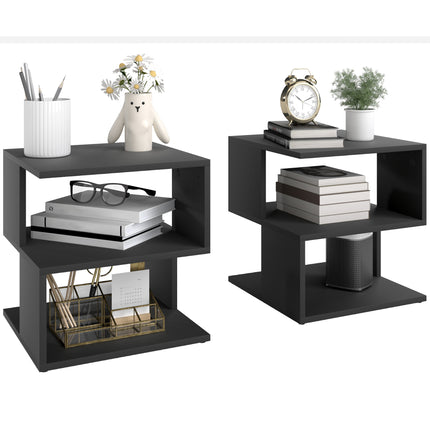Set of 2 Side Table Square Coffee Table, Modern End Table with 2 Tier Storage Sh