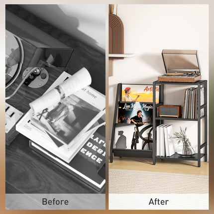 HOMCOM 3-Tier Record Player Stand, End Table for Living Room, Bedroom - Black Wood Effect