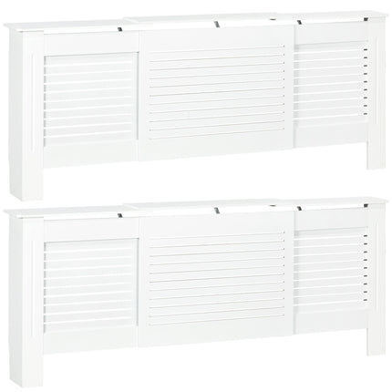 Set of 2 MDF Extendable Radiator Cover with Cabinet Shelving, Home Office Slatted Design, White 139-208.5L x 20.5W x 82.5H cm