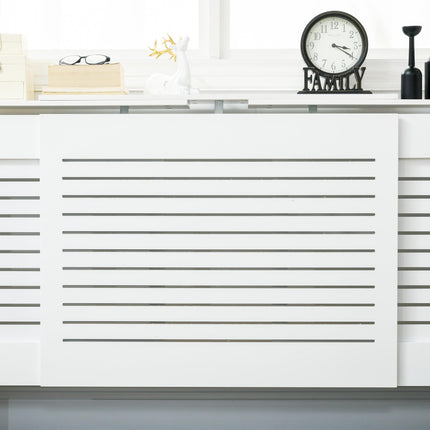Set of 2 MDF Extendable Radiator Cover with Cabinet Shelving, Home Office Slatted Design, White 139-208.5L x 20.5W x 82.5H cm