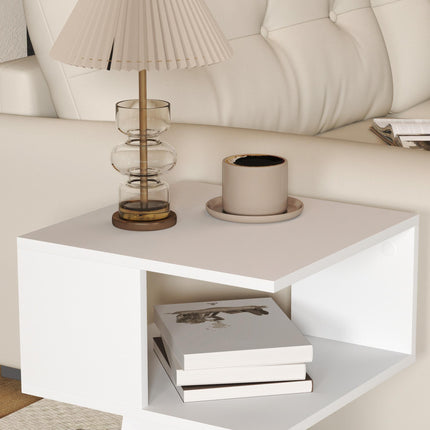 Set of 2 Side Table, Square Coffee Table, Modern End Table with 2 Tier Storage Shelves for Living Room, Bedroom, White