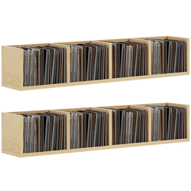 Wall Mount 84 CD / 56 DVD/Blu-ray/ Media Storage Rack 4 Cubes, Wooden Shelf Organiser Unit Bookcase Display, Set of 2, Natural Wood Finish